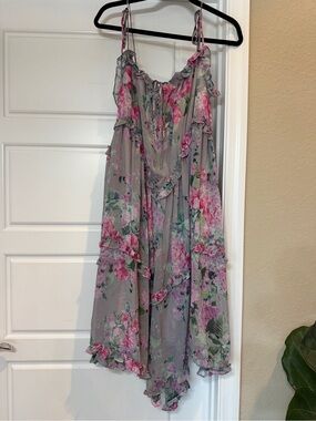 Stellah Grey Floral Ruffle Sundress with Pink & Green Accents